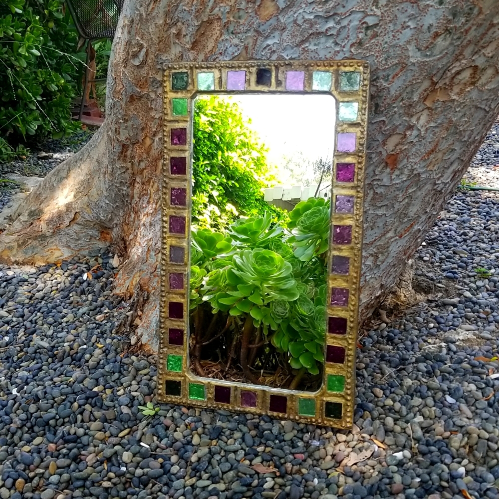 Vintage arts and crafts mirror with colored glass